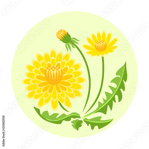 Vector yellow dandelion. Icon with spring flower in flat style. Greeting card template.