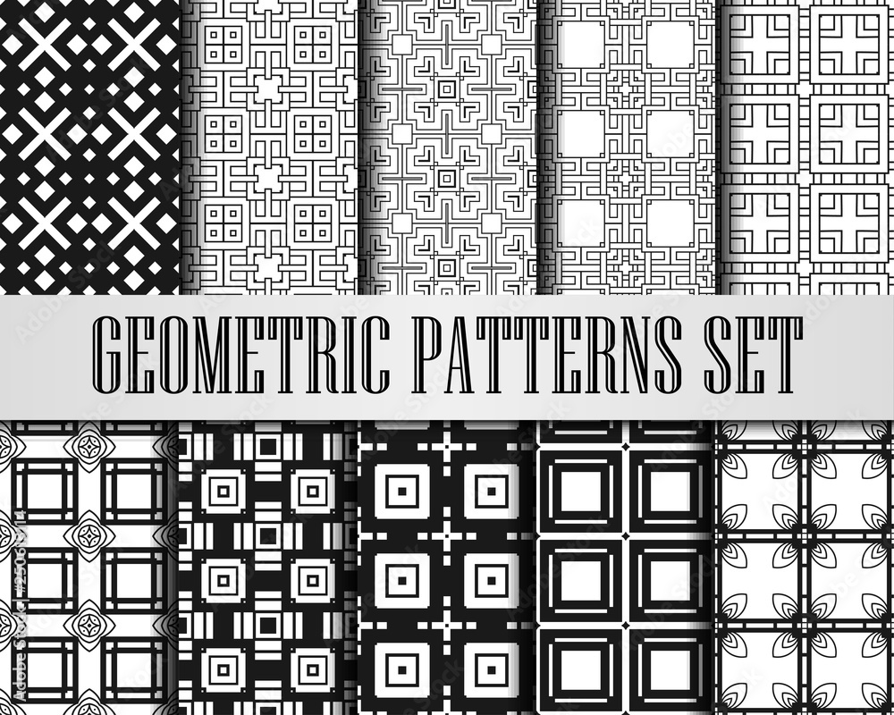 Fototapeta premium Art Deco Patterns Set. Black and White backgrounds. Fan scales ornaments. Geometric decorative digital papers. Vector line design. 1920-30s motifs. Luxury vintage illustration