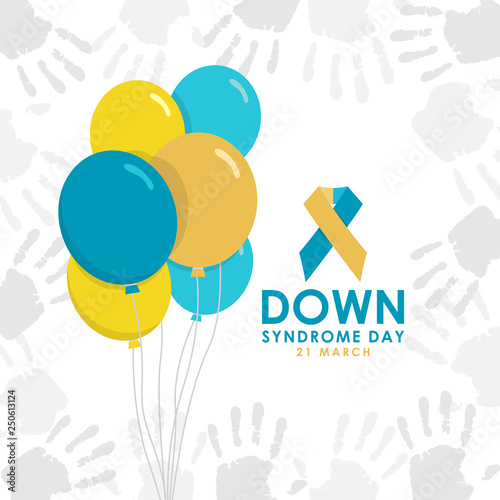 World down syndrom day banner with yellow and blue balloon ribbon sign on abstract hand paint texture background vector design