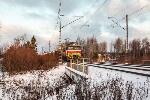 Cargo train at winter morning in Finland