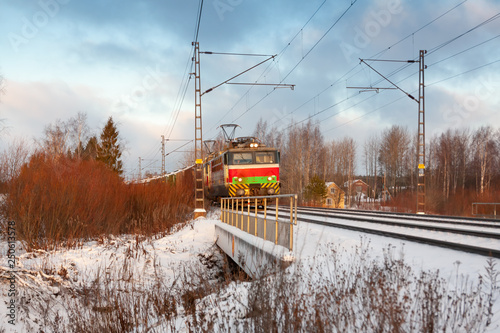 Cargo train at winter morning in Finland