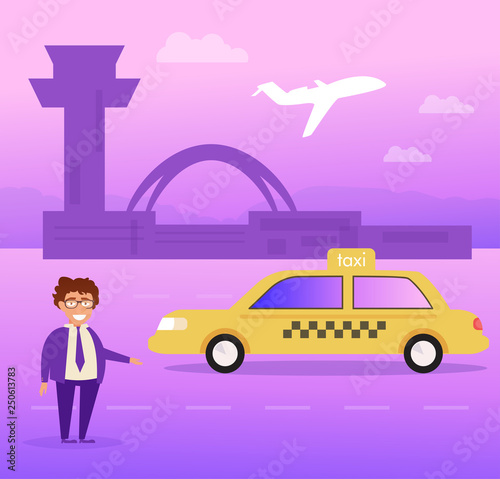 Taxi driver at the airport Vector. Cartoon. Isolated art on white background.