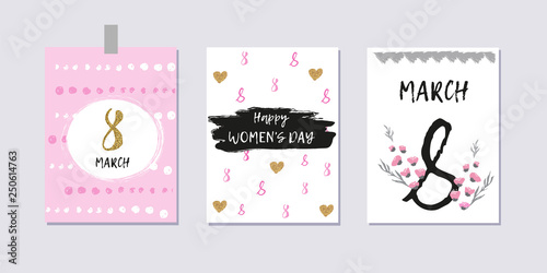 Set of International Women's day greeting cards. Brush lettering. Hand drawn hearts, flowers. Gold, pink, black and white colors. Collection of 8 march poscards with greeting tags. Simple style. 