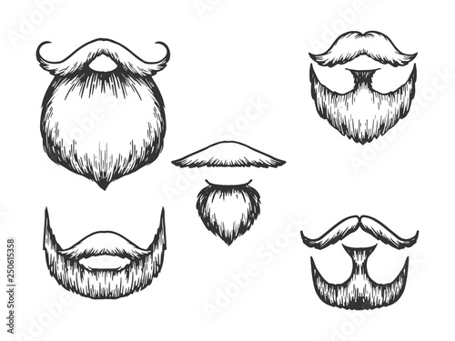 Beard and moustache sketch engraving vector illustration. Scratch board style imitation. Black and white hand drawn image.