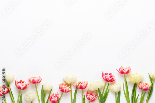 Spring flowers tulips on pastel colors background. Retro vintage style.