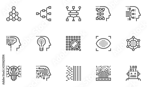 Machine Learning Vector Line Icons Set. Deep Learning, Genetic Algorithm, Neural Network, Machine Vision. Editable Stroke. 48x48 Pixel Perfect.