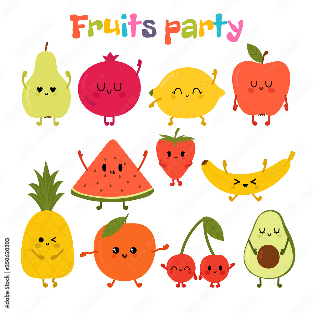 Party with dancing fruits. Cute hand drawn kawaii fruits. Healthy style