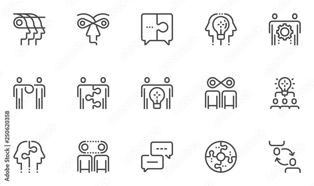 Synergy Vector Line Icons Set. Synergy Mind, Human Interaction, Exchange of Views, Team Collaboration, Business Cooperation. Editable Stroke. 48x48 Pixel Perfect. - obrazy, fototapety, plakaty 