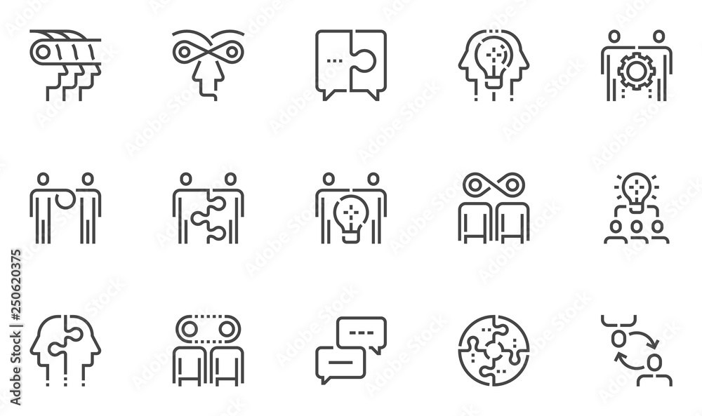 Synergy Vector Line Icons Set. Synergy Mind, Human Interaction, Exchange of Views, Team Collaboration, Business Cooperation. Editable Stroke. 48x48 Pixel Perfect. Synergy Vector Line Icons Set. Synergy Mind, Human Interaction, Exchange of Views, Team Collaboration, Business Cooperation. Editable Stroke. 48x48 Pixel Perfect.