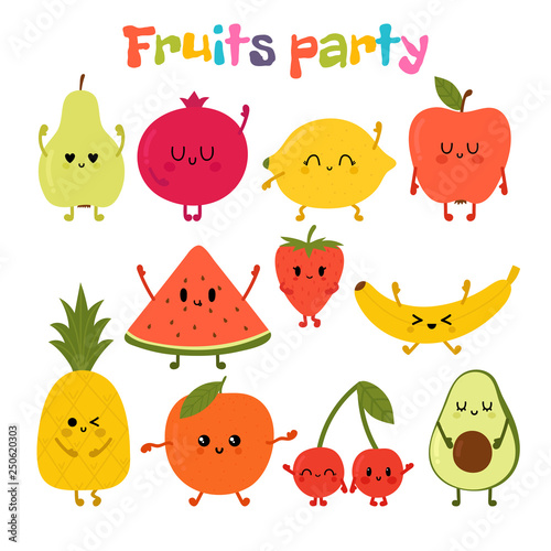 Party with dancing fruits. Cute hand drawn kawaii fruits. Healthy style collection. Flat style. Vegetarian food. Cartoon