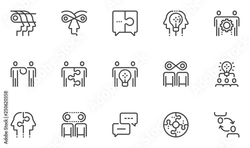 Synergy Vector Line Icons Set. Synergy Mind, Human Interaction, Exchange of Views, Team Collaboration, Business Cooperation. Editable Stroke. 48x48 Pixel Perfect.