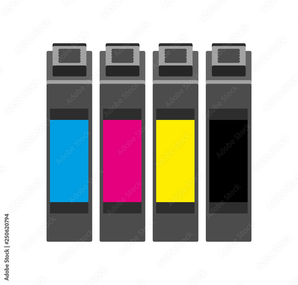 Vector simple flat illustration of cmyk ink cartridges which consist of  cyan, magenta, yellow and black. Inkjet or toner cartriges. Icon is  isolated on a white background. Stock-Vektorgrafik | Adobe Stock