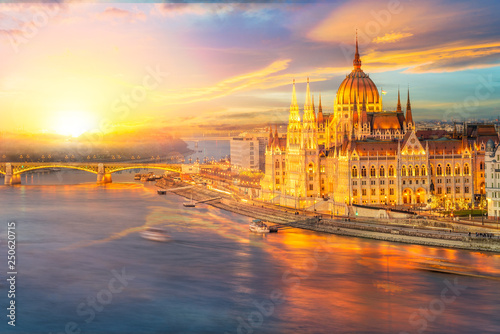 Hungarian Parliament and the Danube river at sunset time, Budapest, Hungary