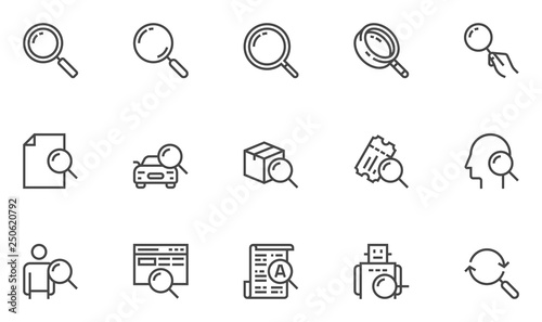 Search Vector Line Icons Set. Search for Documents, Goods, Tickets, Employees. Search Bot, Intelligent Search. Editable Stroke. 48x48 Pixel Perfect.