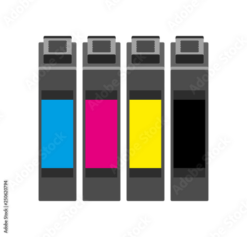 Vector simple flat illustration of cmyk ink cartridges which consist of cyan, magenta, yellow and black. Inkjet or toner cartriges. Icon is isolated on a white background.