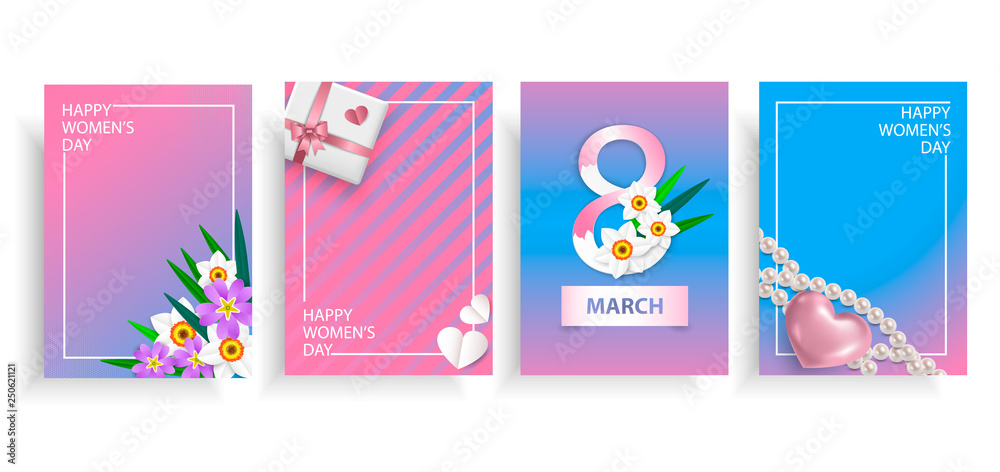 Set 8 march happy women's day posters. Concept design greeting cards, banners, promo flyers or covers. Vector illustration with realistic Women's day attributes and symbols.