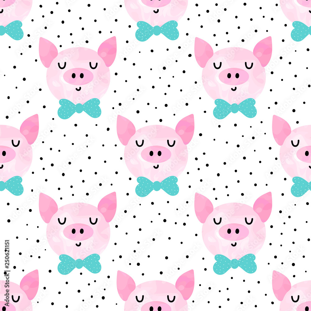 Funny seamless pattern with pig heads