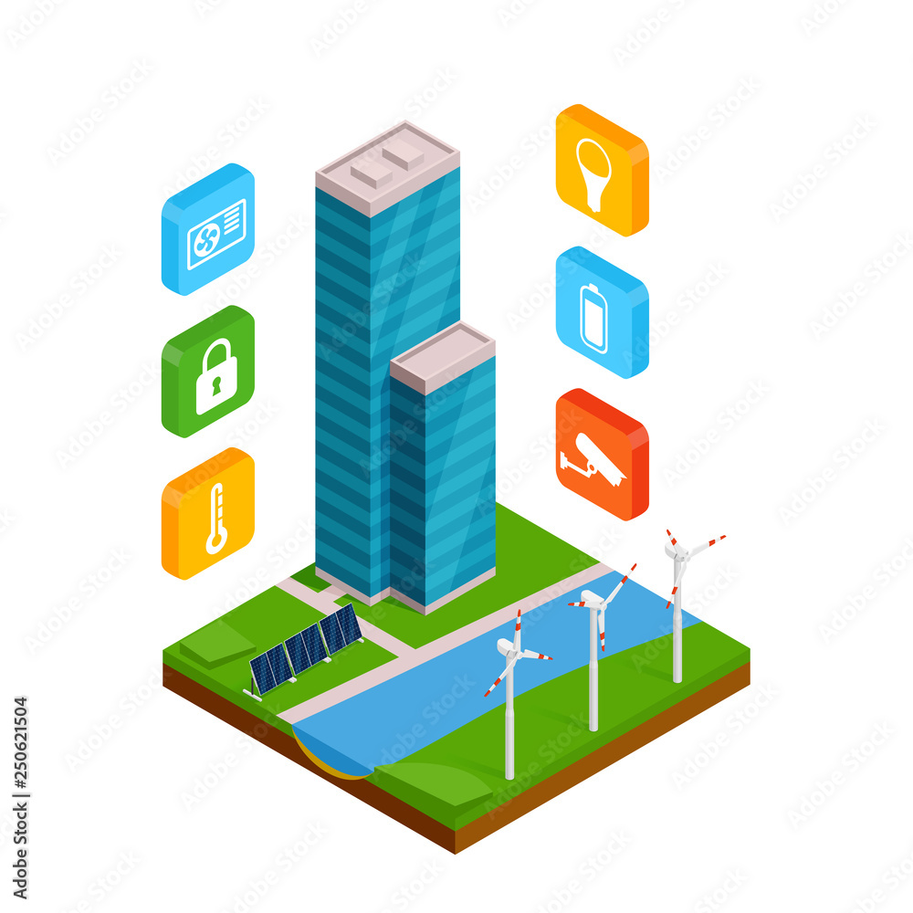Fototapeta premium Isometric smart building with outline black icons on smart phone. Isometric house.