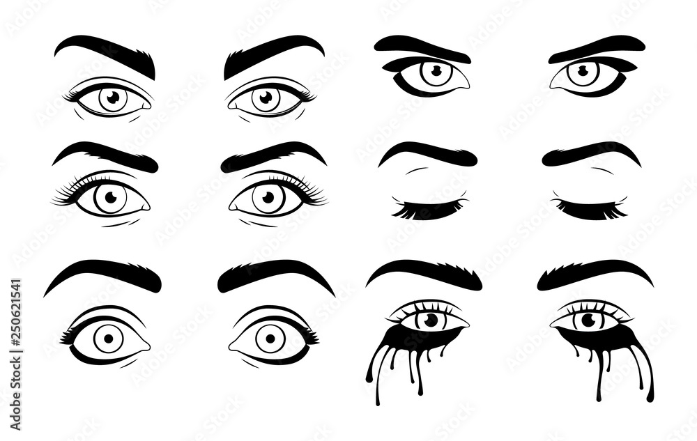 Beautiful Female Vector Eyes with Different Emotions. Surprise, Coquetry, Sadness, Tears. Wide Open Eyes, Closed Eyes. Weeping Woman. Beautiful Female Vector Eyes with Different Emotions. Surprise, Coquetry, Sadness, Tears. Wide Open Eyes, Closed Eyes. Weeping Woman.