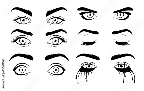 Beautiful Female Vector Eyes with Different Emotions. Surprise, Coquetry, Sadness, Tears. Wide Open Eyes, Closed Eyes. Weeping Woman.