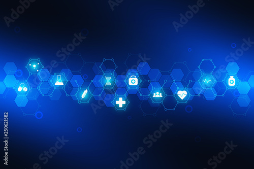 Healthcare and medical background with flat icons and symbols. Science, medicine and innovation technology concept.