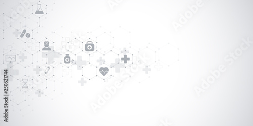 Healthcare and medical background with flat icons and symbols. Science, medicine and innovation technology concept.