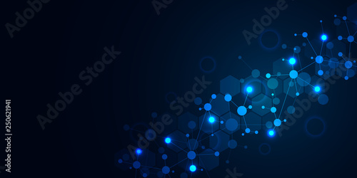 Abstract technology and innovation background with molecular structures and neural network. Molecules DNA and genetic engineering. Technical and scientific concept.