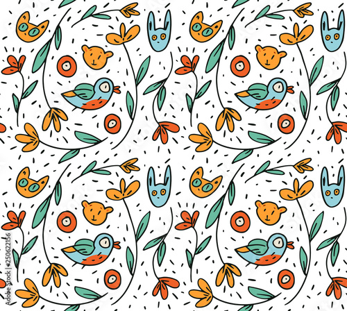 Seamless Floral Vector Pattern with Cute Animals such as Hare, Cat, Bear, Bird. Background with Flowers, Leaves, Spots.