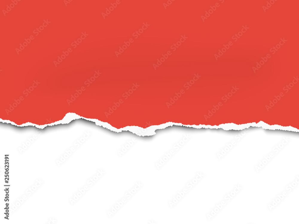 Torn a half sheet of red paper from the bottom. Vector template paper  design. White background under it. Stock Vector