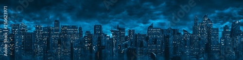 Science fiction city night panorama / 3D illustration of dark futuristic sci-...
