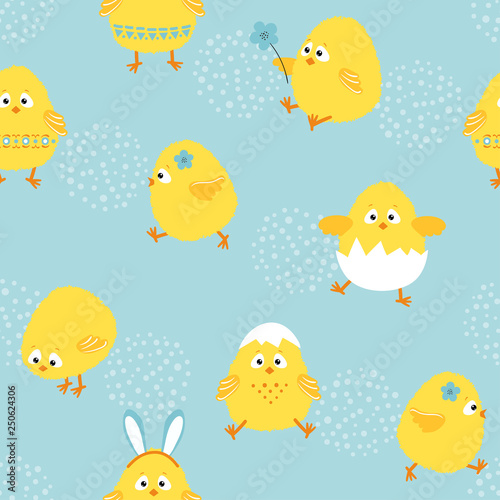 Seamless cute chickens pattern. Vector background with funny chicks