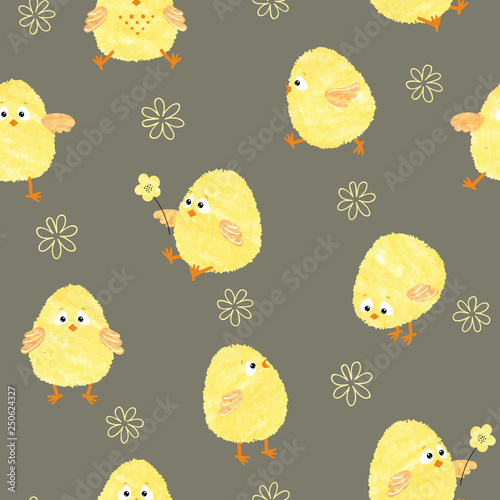 Seamless baby pattern with cute little chickens. Funny yellow chicks in different poses. Vector Easter illustration.