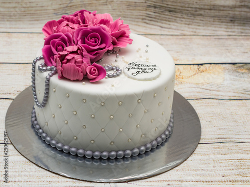 Canvas Print Birthday cake with fondant flowers - roses and peonies and silver pearls