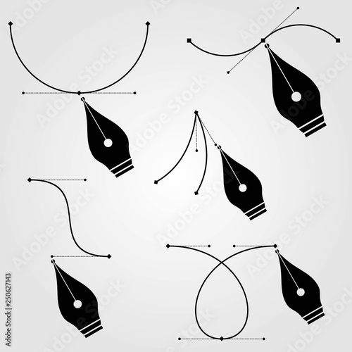 Set of Pen tool cursors and curve control points, isolated on white background. Vector illustration
