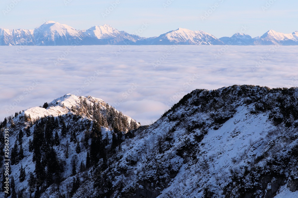 mountain range caught in mist