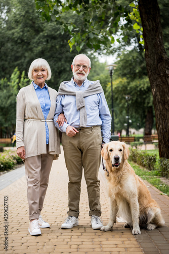 happy smiling senior couple with adorable dog in park