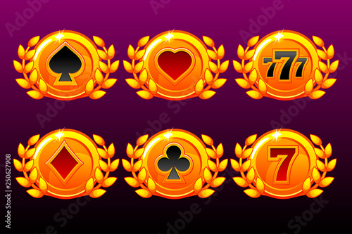 Symbols Playing card on awards template. Badge or emblem, Set of Casino gambling element.