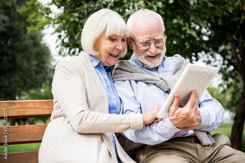 happy smiling senior couple using digital tablet while sitting on bench in park