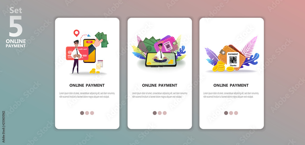 Online payment concept illustration app templete set. Internet payments, protection money transfer, online bank. Happy character. Screen gadget, money, wallet. Use for banner, mobile app, landing page Online payment concept illustration app templete set. Internet payments, protection money transfer, online bank. Happy character. Screen gadget, money, wallet. Use for banner, mobile app, landing page