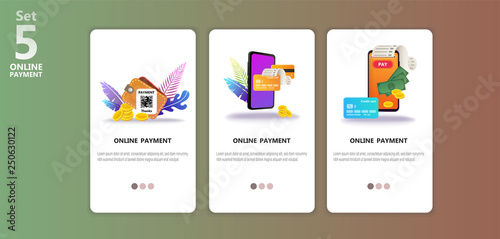 Online payment concept illustration app templete set. Internet payments, protection money transfer, online bank. Happy character. Screen gadget, money, wallet. Use for banner, mobile app, landing page