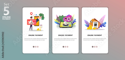Online payment concept illustration app templete set. Internet payments, protection money transfer, online bank. Happy character. Screen gadget, money, wallet. Use for banner, mobile app, landing page