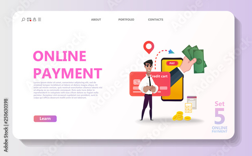 Online payment concept illustration set. Internet payments, protection money transfer, online bank. Happy character. Screen gadget, money, wallet. Use for banner, mobile app, landing page - Vector