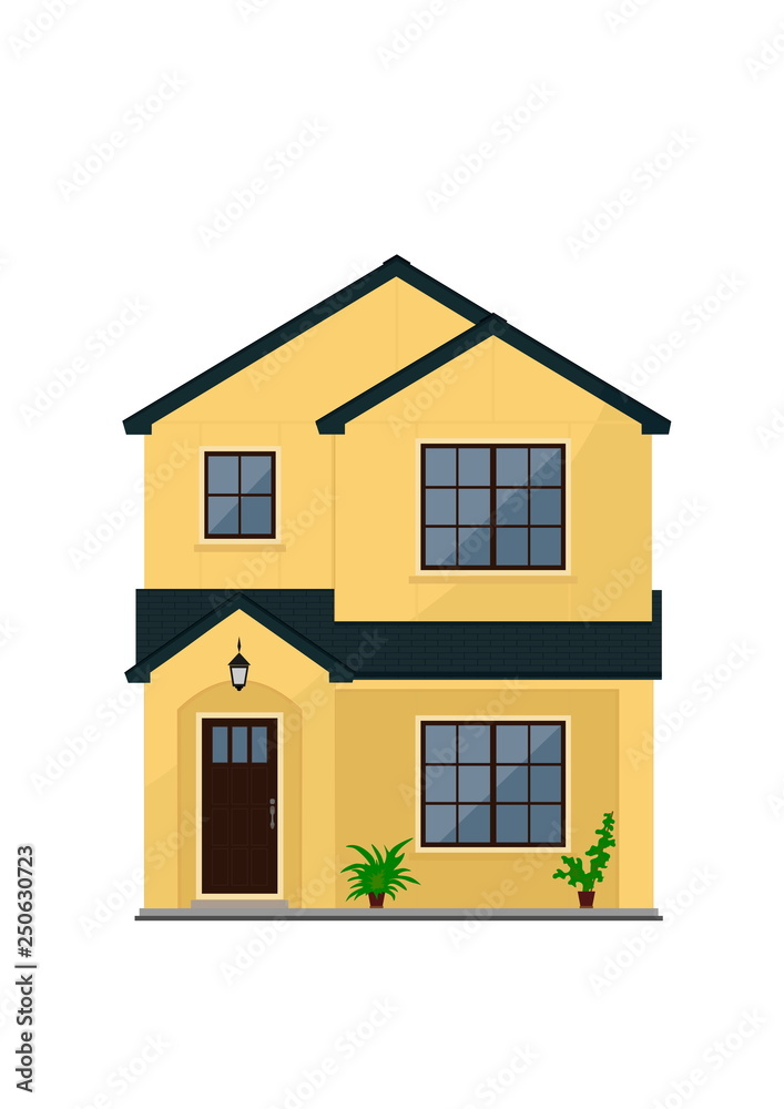 Two storey suburban or city house with walls of yellow color and potted plants front view