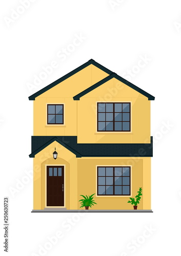 Two storey suburban or city house with walls of yellow color and potted plants front view © Назарій