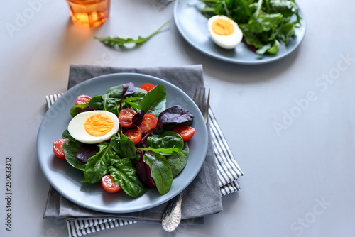 Salad mix with spinach, arugula,beet leaves, tomatoes and eggs on gray wooden background. Vegetarian food concept. Selective focus.
