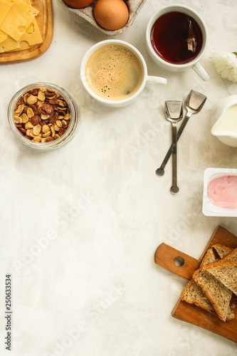 breakfast or snack (coffee, yogurt, cheese, sandwiches, cornflakes and more). Food background.