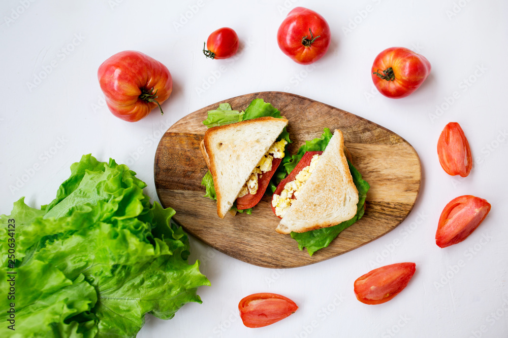 Delicious sandwiches: scramble egg, tomatoes and cheese. Light and healthy snack. Top view and flat lay.