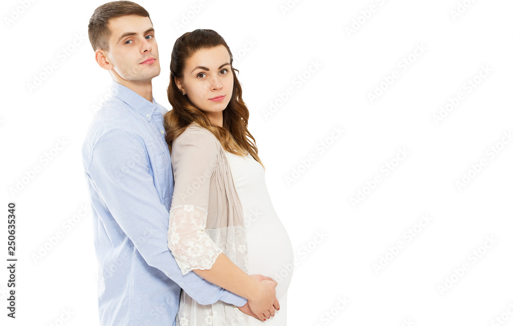 Happy Loving Couple Awaiting The Birth Of Child Posing On A White Background Happy Loving Couple Awaiting The Birth Of Child Posing On A White Background