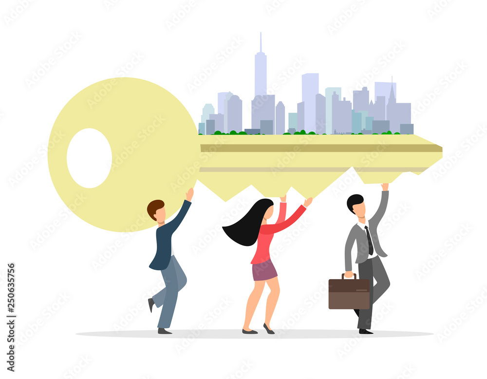Fototapeta premium Characters carry the key to the property where the skyscrapers of the city are located. Vector illustration