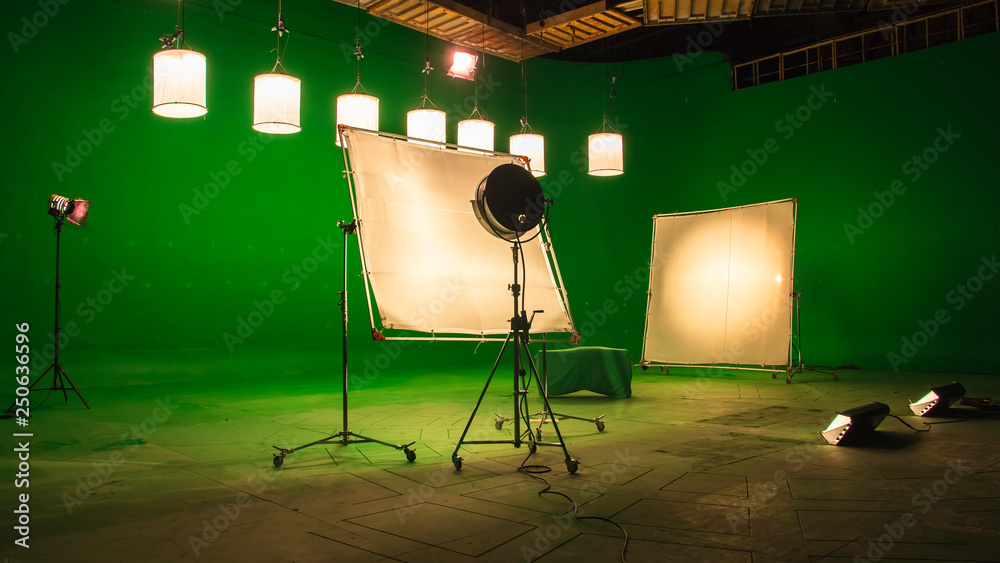 Modern TV Studio Green Screen chroma key background with camera and ...